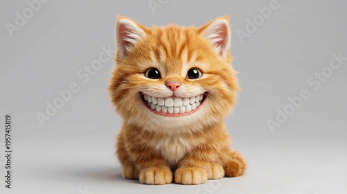 A surreal and humorous 3D render of a fluffy ginger tabby kitten sitting against a gray background, with a wide, cheerful human-like smile and perfect white teeth