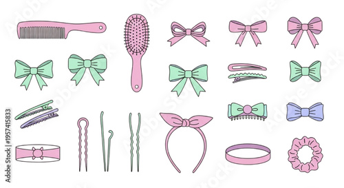 Elegant Hair Accessories Icons Set with Comb Brush Bow – Feminine Beauty Styling Elements Collection