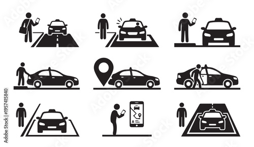 Illustrations of various ride-hailing and taxi service scenarios