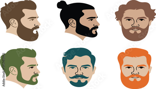 Illustrative collection of six different men hairstyles and facial hair styles for barber grooming vector illustration