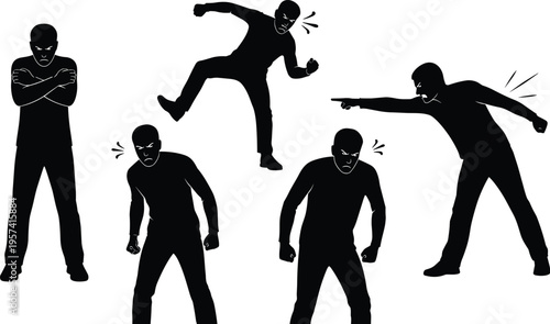 Aggressive silhouettes collection of confrontational poses clenched fists shouting tense body language angry gestures