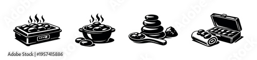 Black and white vector silhouettes of relaxation and spa elements including stones and aromatherapy items