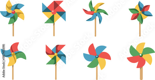 Colorful pinwheels arranged in a grid showcasing vibrant color combinations playful decorative toy vector illustration