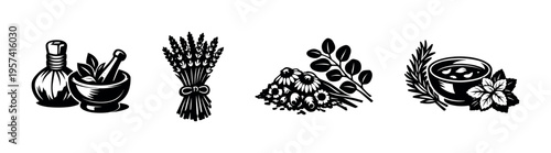 Black and white vector illustrations of herbal remedies including oils, lavender, chamomile, and herbal tea