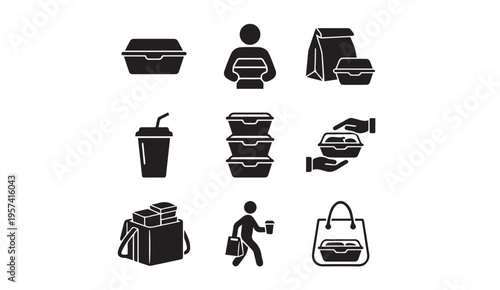 Iconic representation of food delivery and takeout process steps
