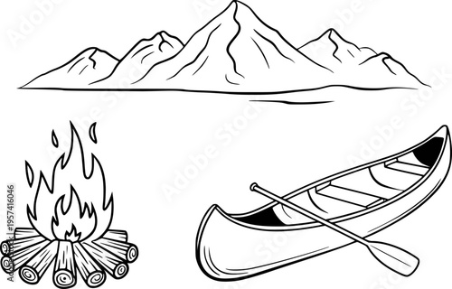 Black and white line of mountains campfire and canoe with paddle white background