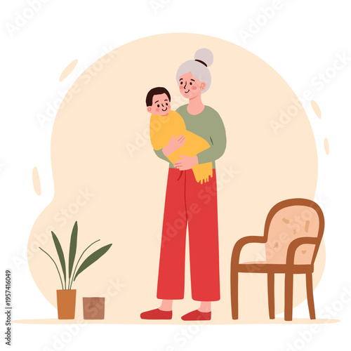 Elderly woman holding baby in a cozy home setting with plants. Elderly set