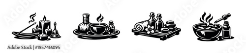 Black and white vector illustrations of spa relaxation elements including candles and tea