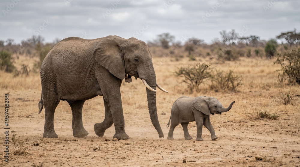 Fototapeta premium Majestic african elephant mother and her calf walking together through the dry and dusty savanna landscape in africa with baby elephant