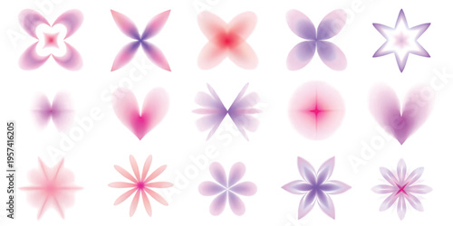 A collection of assorted floral and star shaped graphic design elements in soft purple and pink