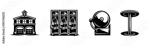 Fire station elements in black and white silhouette including building uniforms bell and pole