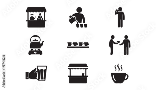Various illustrations depicting coffee preparation and social interactions around coffee
