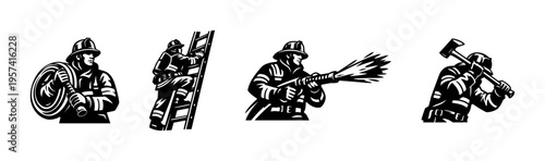 Firefighter silhouettes vector icons, firefighting activities, black and white illustrations