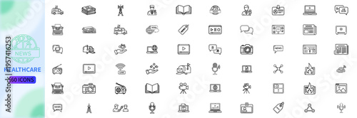 News media Web Icon Set in Line Style. Collection of Mass media Linear Icons, Including tv, radio, newspaper, magazine, news, broadcasting, press, interview, journalism and more. Editable Stroke