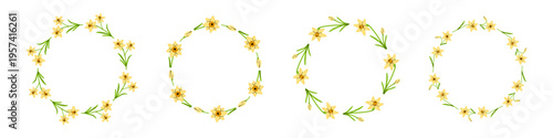 Vector set of yellow daffodil floral wreaths. Round spring frames collection. Elegant narcissus flower circle borders for wedding invitation, greeting card, packaging, social media template.