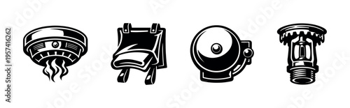 Fire safety equipment vector illustration set featuring smoke detector bell sprinkler and extinguisher clipart