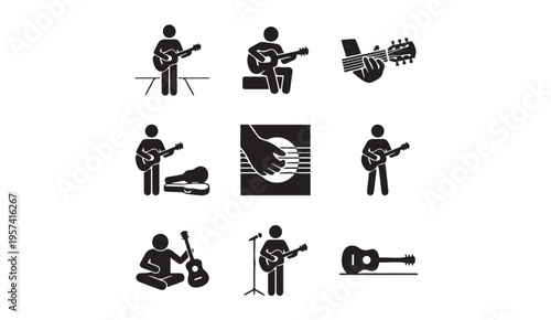 Various depictions of people playing and interacting with guitars in different settings