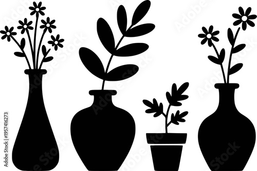 Black silhouette collection of vases with flowers and potted plants white background