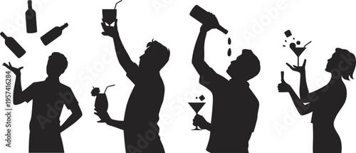 Dynamic silhouettes of bartenders performing flair bartending and cocktail preparation, showcasing entertainment, skill, and creativity in mixology for nightlife, bar culture, and stock imagery.