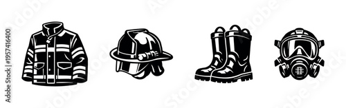 Firefighter equipment vector illustration featuring jacket, helmet, boots, and mask in black and white silhouette