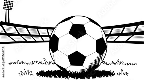 Classic Black and White Soccer Ball Grass with Stadium Lights and Grandstand football