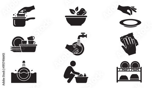 Illustrations depicting various kitchen and hygiene cleaning activities