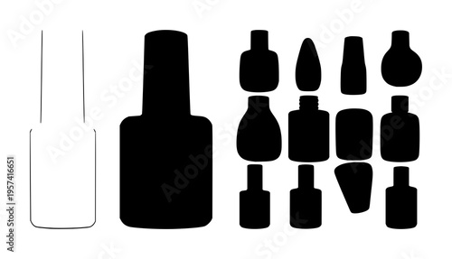 Nail polish bottle silhouette set with minimalist line outline against monochrome background featuring cosmetics, manual bristles, color palette with fashion and beauty