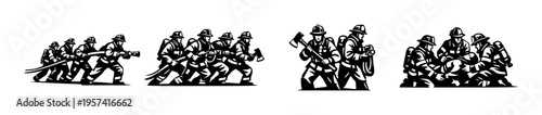 Firefighters in action silhouette vector illustration set