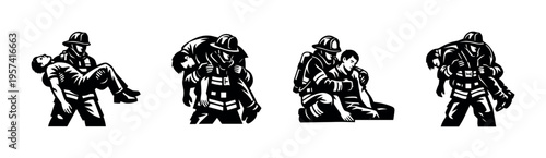 Heroic firefighter rescues, black and white silhouette illustration, fireman carrying person