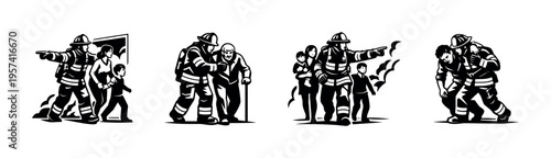Firefighters rescuing people illustration, black and white silhouette, emergency services vector art