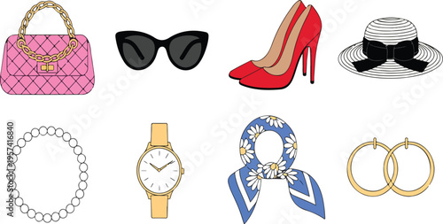 Fashion accessories collection with handbag sunglasses shoes and jewelry items for stylish outfit and retail design vector