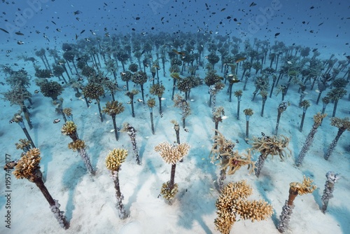 Coral breeding of hard corals (Sleractinia) on metal tubes, shoal of different Damselfish (Pomacentridae), house reef Summer Island, Indian Ocean, North Malé Atoll, Maldives