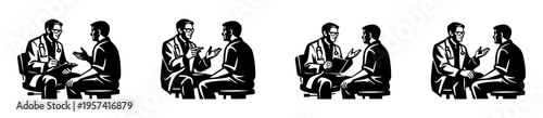 Silhouette illustration of a doctor consulting with a patient black and white vector artwork