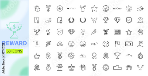 Reward set of web icons in line style. A collection of linear icons representing various reward concepts, including gift, trophy, recognition, reward program, medal, bonus, and more. Editable stroke