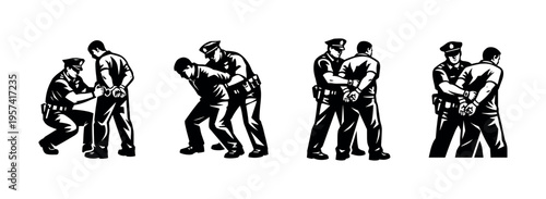 Police officers arresting suspects silhouette vector illustration in black and white