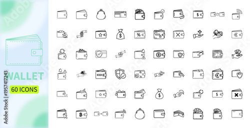 Wallet set of web icons in line style. A collection of linear icons representing wallet concepts, including cash, credit cards, digital wallet, money, security, payment, mobile wallet. Editable stroke