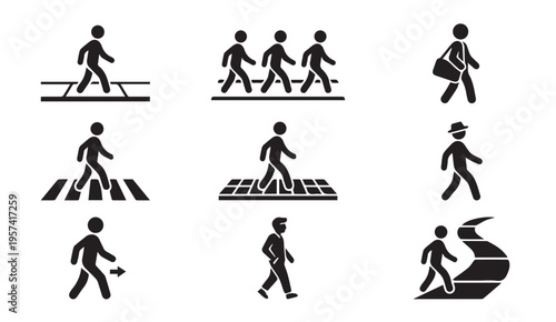 Common pedestrian crossing and walking scenarios illustrated with icons