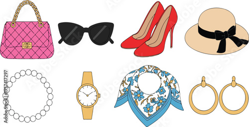 Fashion accessories collection with handbag sunglasses shoes and jewelry items for stylish outfit and retail design vector