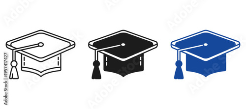 Graduation Cap Icon Set, Academic Mortarboard Vector Illustration for Education, Diploma Ceremony and Student Achievement Symbols, Minimalist 2pt Stroke Line and Solid Design, University Success