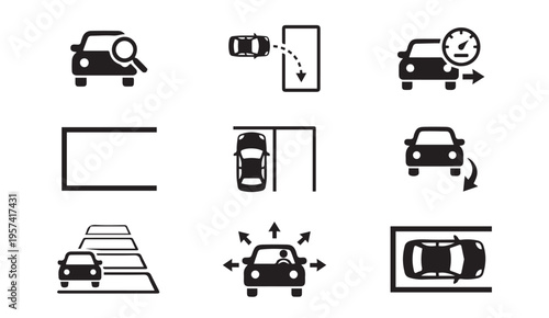 Illustrations of various vehicle parking and driving assistance features