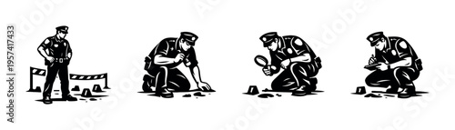 Black and white vector illustrations of police officers investigating crime scenes