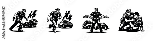 Police officers in action silhouette illustration including arrest and patrol car elements