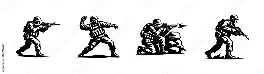 Fototapeta premium Military soldiers in action silhouettes, black and white vector illustrations of armed forces