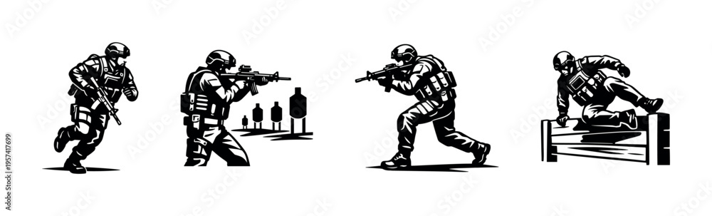 Fototapeta premium Silhouette of tactical soldiers in action poses, military training vector illustration