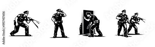 Police officer silhouettes in action vector illustration black and white clipart