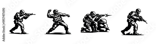 Military soldiers in action silhouettes, black and white vector illustrations of armed forces