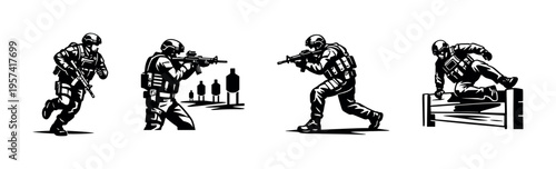 Silhouette of tactical soldiers in action poses, military training vector illustration