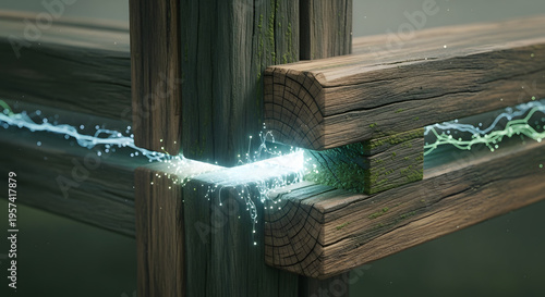 Abstract Smart Building Technology Concept with Glowing Blue Energy Pulse Flowing Through Sustainable Wooden Joint Integration
