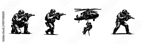 Silhouette vector of military soldiers and helicopter, tactical elements, black and white illustration