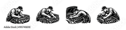 Mechanic working on car engine illustration, black and white silhouette, vector design
